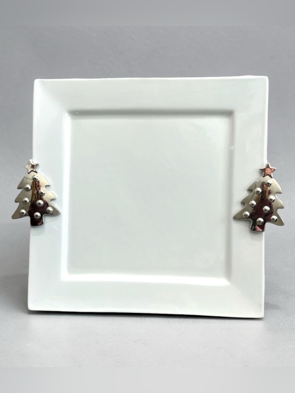 Mudpie White 14" Serving Platter w/ Silver Christmas Trees Retired